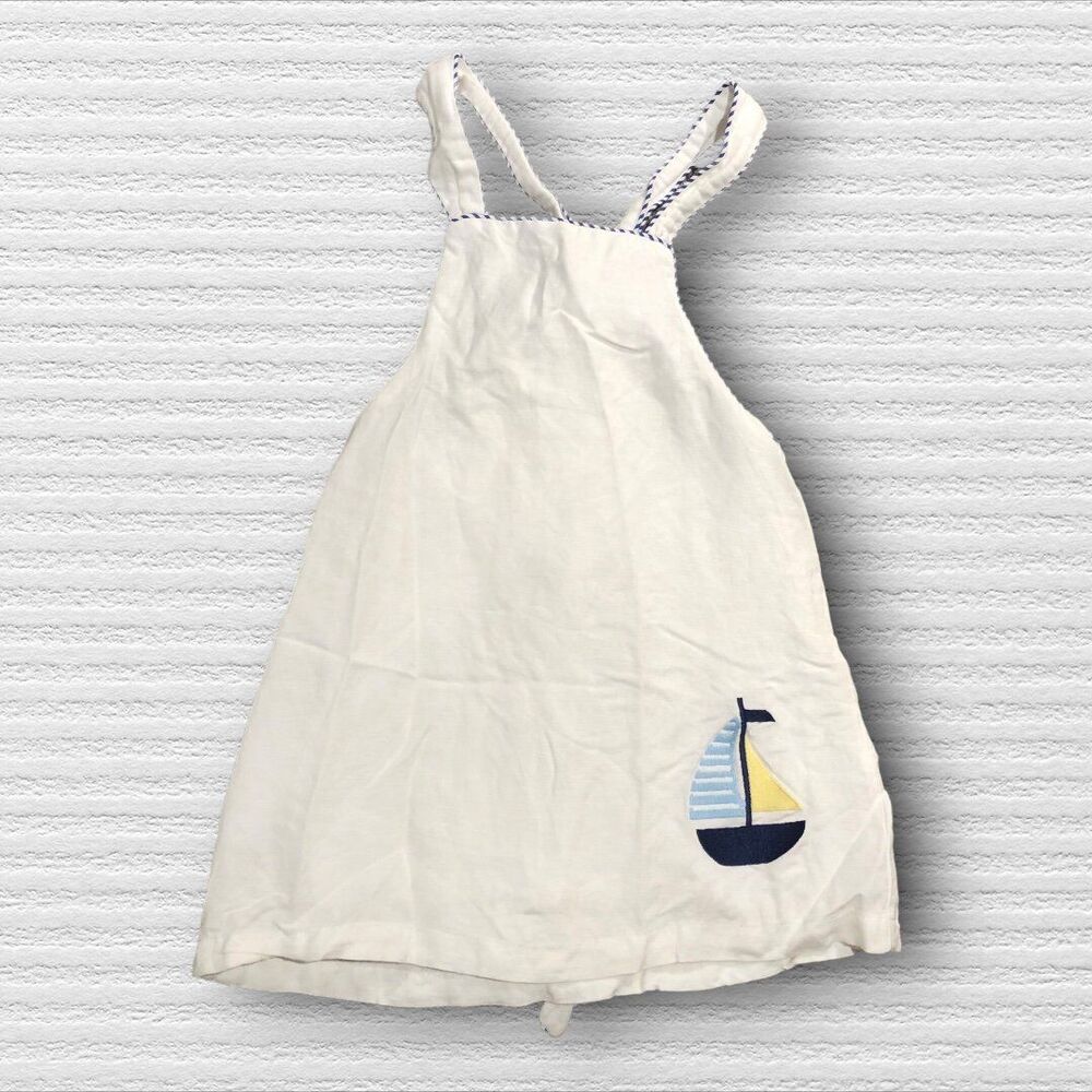 The Oaks Apparel Girls Dress 6 White Linen Blend Tie Back Sailboat Applique